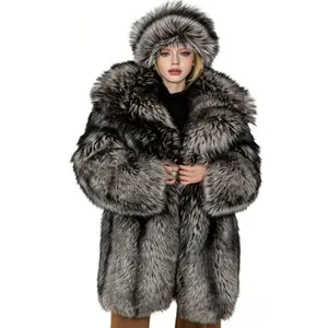 Winter 2026 women’s light luxury gentleman-style faux fur coat with silver fox pattern, mid-length outerwear with marked size; street-style, eye‑catching at parties, warm outerwear