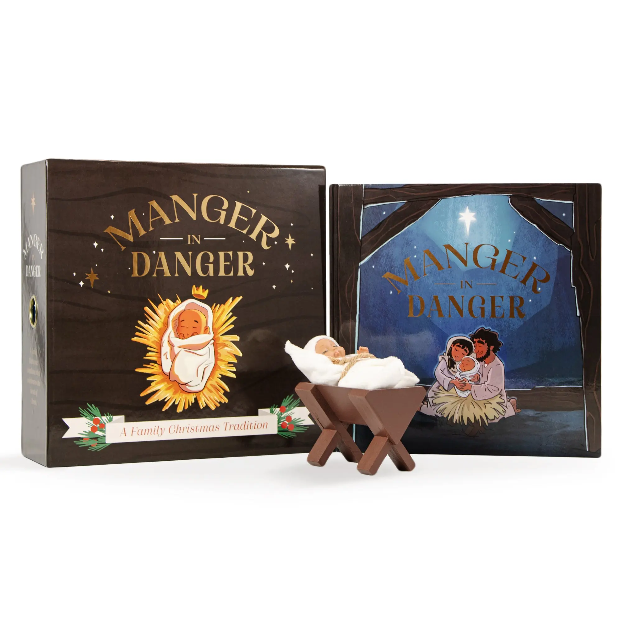 Manger in Danger 25-Day Christmas Family Devotional Set with Hardcover Book, Wooden Manger, Baby Jesus Figure & Nativity Display