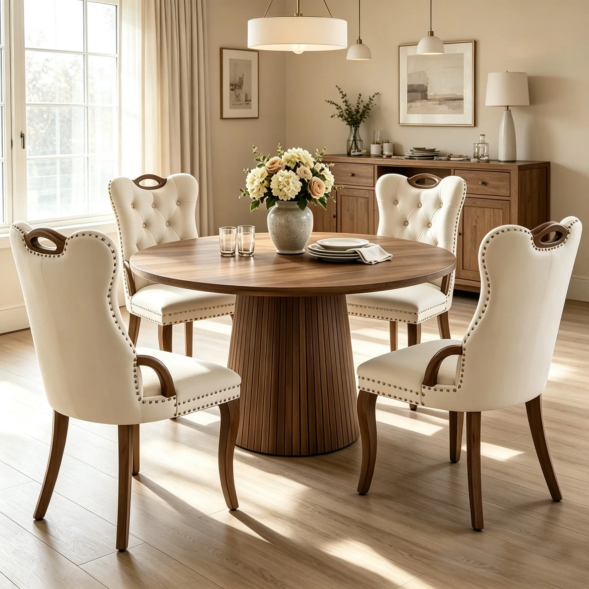 5-Piece Modern Farmhouse Dining Set, 47" Round MDF Table with Velvet Wingback Chairs Set of 4, Walnut & Beige Combo for Kitchen/Living Room, Rustic Elegant Dinning Room Set regal furniture upholstered kc home usa cola my bathroom corner labor daydeals