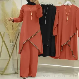 Muslim Women Eid Ramadan Two Pieces Solid Blouses Wide Leg Pants Set Morocco Dubai Kaftan Modest Loose Ensemble