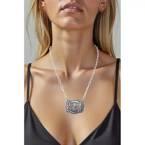 WESTERN PRINT ETCHED BUCKLE PENDANT NECKLACE