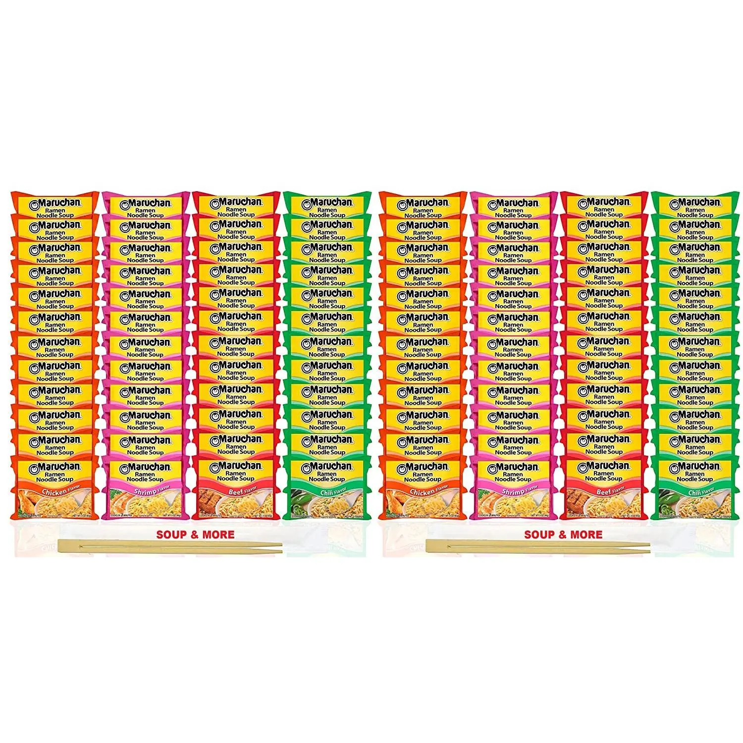 Maruchan Ramen Instant Soup 96 Count Noodles Packs- 24 Chicken, 24 Shrimp, 24 Beef & 24 Chili Flavors Lunch / Dinner Variety, 4 Flavors