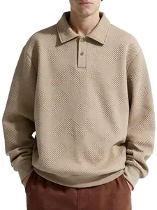 Men's Geometric Jacquard Textured Half Buttoned Long Sleeve Polo Collar Pullover Sweatshirt merry christmas gift