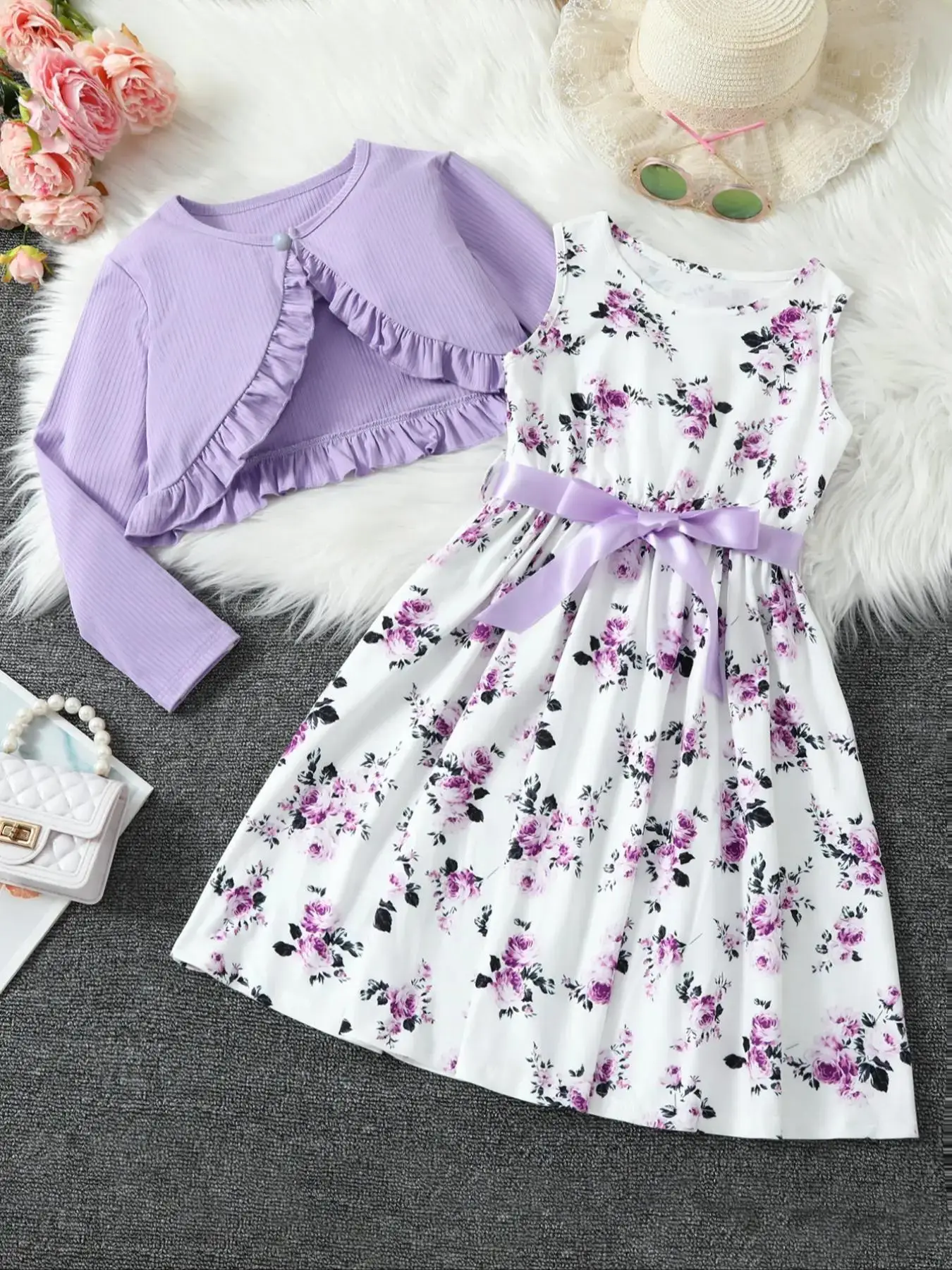 Two-piece Set Girl's Ruffle Trim Button Front Crop Cardigan & Bow Decor Floral Print Dress Set, Elegant Fashion Casual Outfits for Daily Outdoor Wear,