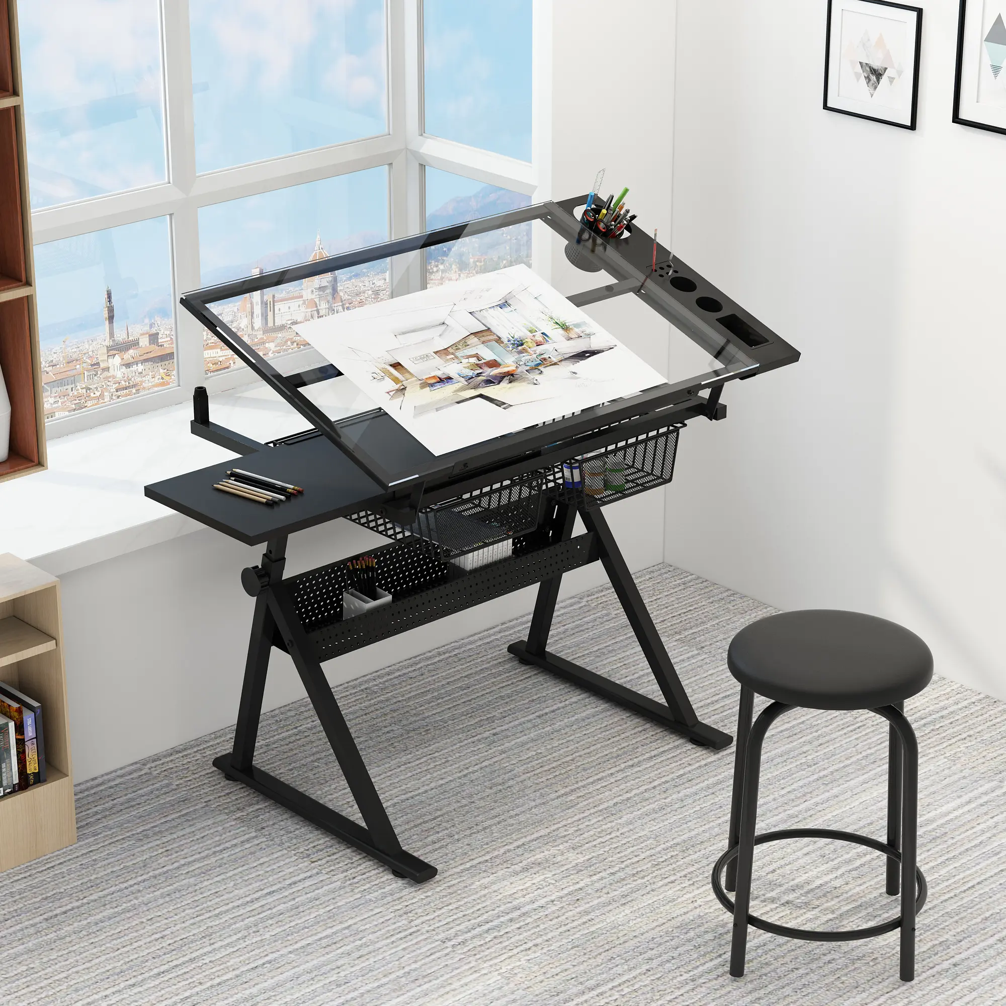 Adjustable Tempered Glass Drafting Table with Chair Set, Black Height & Angle Adjustable Drawing Desk, Artist Craft Printing Workstation for Office Home Studio