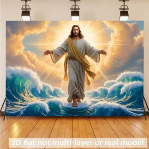 Christ Walk on Water Backdrop Biblical Miracle Religious Background Cloth Faith Tapestry Wall Hanging Photography Background Polyester Fiber Wedding Baptism Church Party Home Event Decor Studio Prop Inspirational Scene