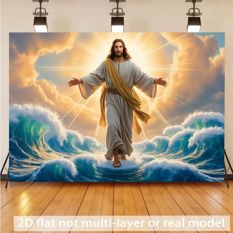 Christ Walk on Water Backdrop Biblical Miracle Religious Background Cloth Faith Tapestry Wall Hanging Photography Background Polyester Fiber Wedding Baptism Church Party Home Event Decor Studio Prop Inspirational Scene