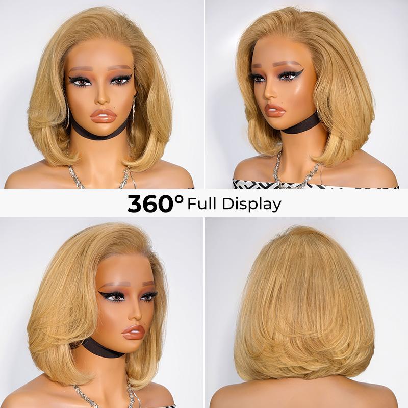 [Clearance]AliPearl Wigs Honey Blonde Pre Styled Straight Layered Glueless 13x4 Lace Front Wig Short Bob Ready to Go Pre Cut Pre-Plucked Wig Human Hair 180% Density