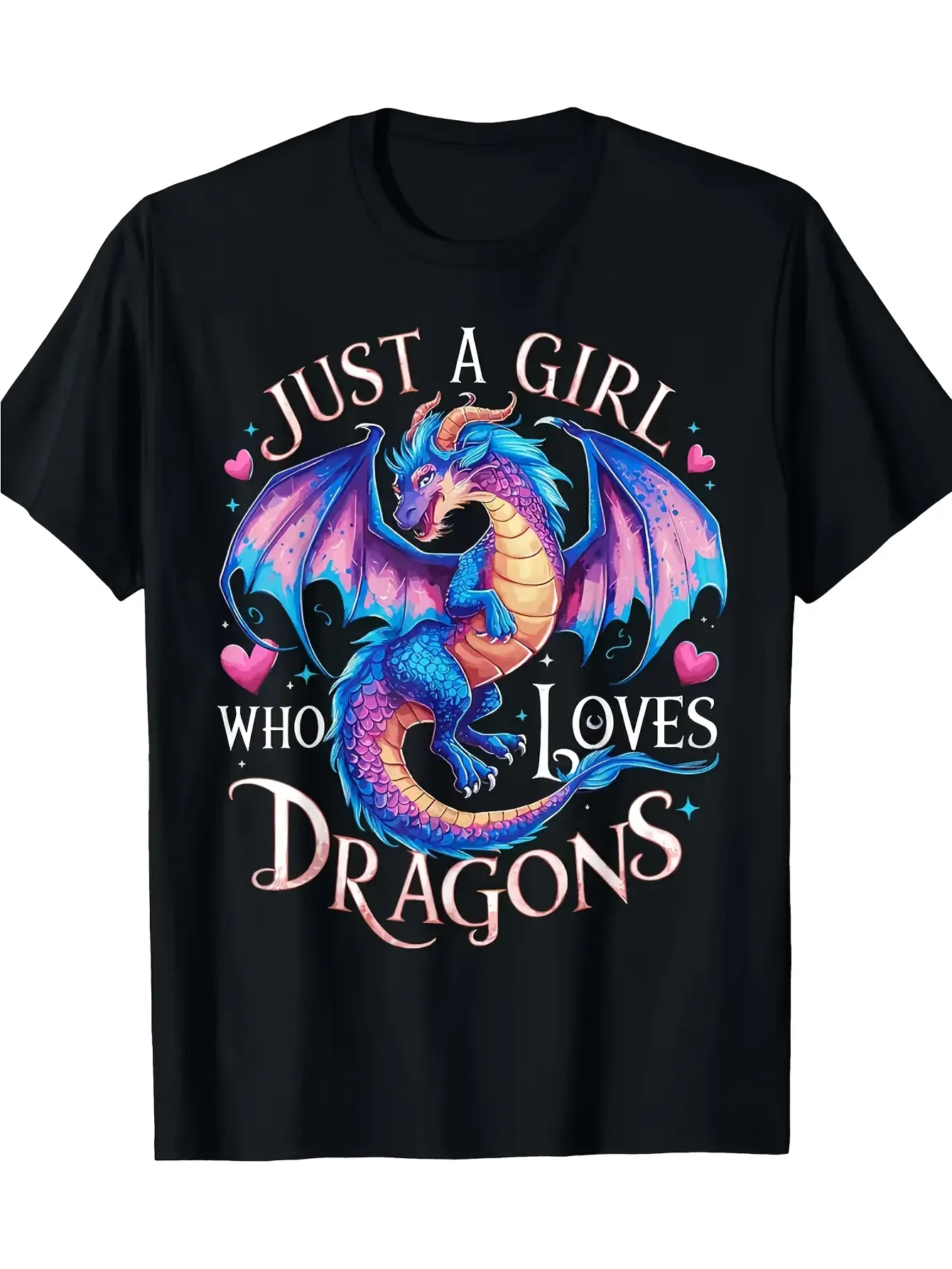 Just Loves Dragons Women's Cute Dragon Graphic T-Shirt - Black Shirt with Blue/Purple Dragon & Hearts - Soft Breathable 220g Heavyweight Cotton Crew Neck Tee - Fantasy Lover Gift for Women & Men - Machine Washable Everyday Casual Top, Statement Fashion, P