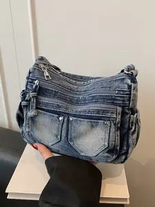 Simple retro gradient denim single-shoulder crossbody bag, fashionable casual multi-pocket easy-to-match sling bag, suitable for various occasions such as daily use, shopping, and commuting, Casual Fabric Purse