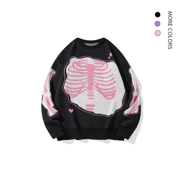 Men's Skeleton Print Knitwear Sweater - Menswear Loose-Fitting Streetwear Top with Drop Shoulder Style, Round Neck