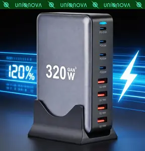 UNIQNOVA 320W USB C Desktop Charger Block,Upgraded GaN III 8-Port Fast Charging Station Hub for Multiple Devices, PD3.0 QC3.0 100W/65W Output for MacBook Pro/Air Ipad Dell Smartphone iPhone17/16/15 Series, Galaxy S25/S24 Android Steam Deck and More