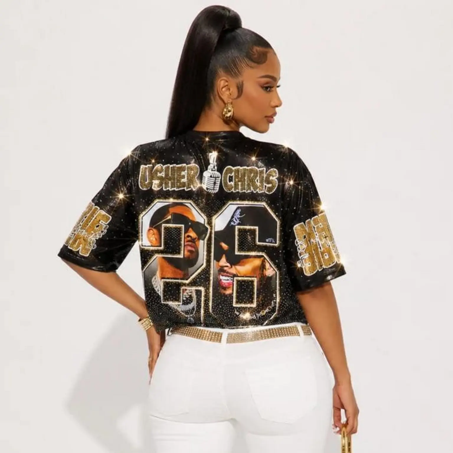 R&B Tour Glitter Crop Top Jersey, Glam Edition Sequin Graphic Football Style Shirt, Sparkle Short Sleeve Streetwear Top, 3D Sleeve Design Concert Outfit, Trendy Festival Fashion Jersey For Women Girls