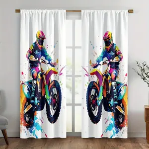 2pcs Motorcycle Print Blackout Curtains for Bedroom, 100% Polyester Machine Washable, Graffiti Design, Light Filtering, Contemporary Style, Kitchen & Living Room Decor, Birthday Gift (Rod Not Included), Decorative Drapes | Artistic Window Coverings | Easy