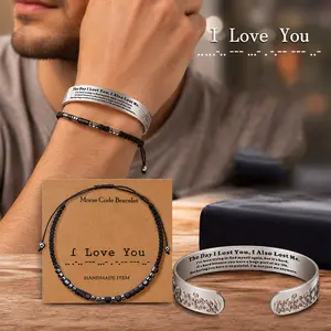 3Pcs Unisex Bracelets Set: 2pcs Bracelets & 1pc Card - THE DAY I LOST YOU, I ALSO LOST ME Adjustable C-shaped Open Bracelet, Vintage Chic Morse Code Bracelet Casual Adjustable Synthetic Fiber Rope Woven Morse Code Bracelet Stones 'I Love You'