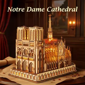 FUNPOLA LED 3D Wooden Puzzle - Notre Dame de Paris Architecture Model-Night Edition with LED Lighting- 3D Puzzle DIY Building Model Craft Kit