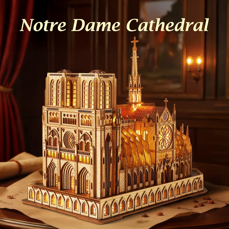 FUNPOLA LED 3D Wood Puzzle, Notre Dame de Paris Architecture Model, Night Edition with LED Lighting, DIY Building Model Craft Kit, Architecture Building Set 394PCS