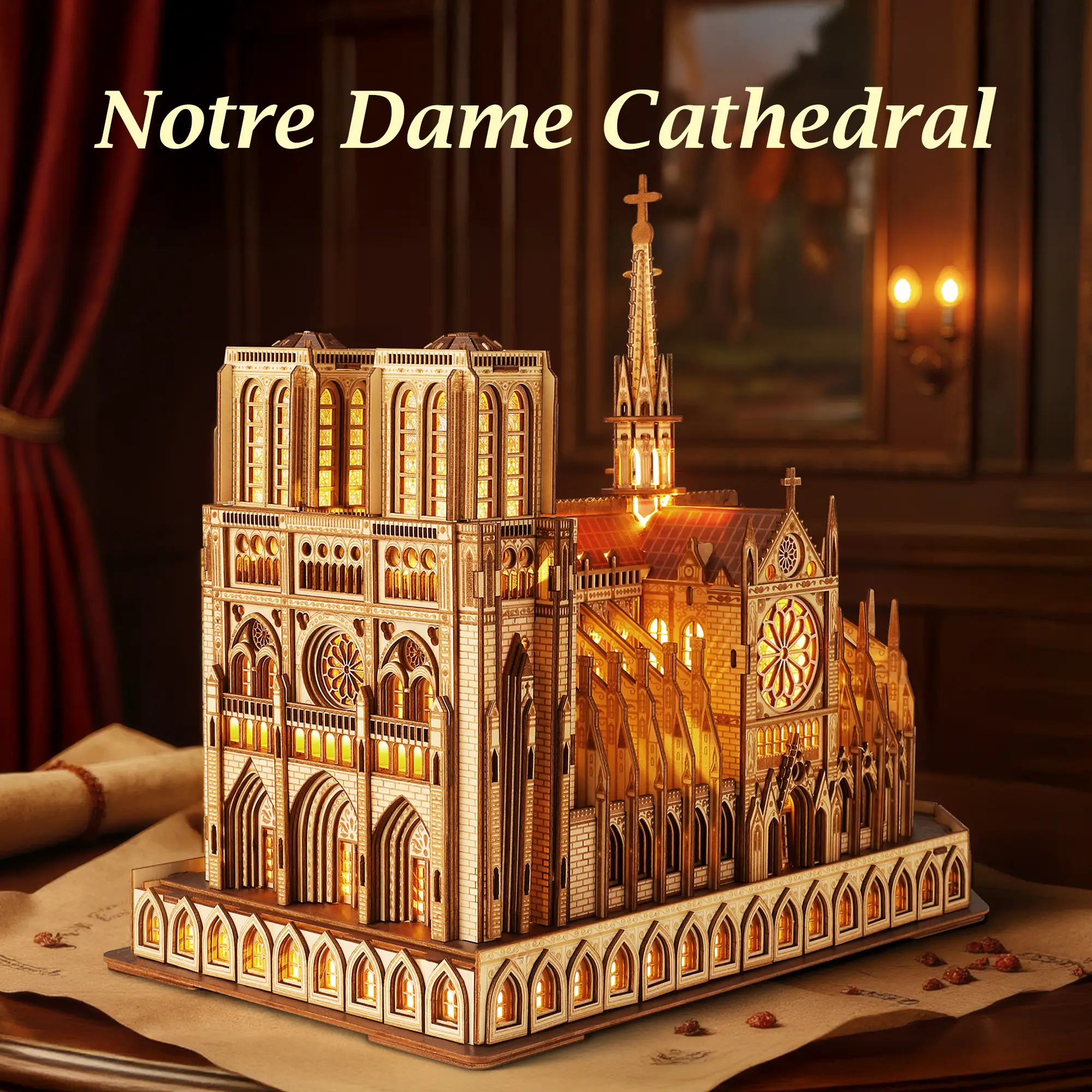 FUNPOLA LED 3D Wooden Puzzle - Notre Dame de Paris Architecture Model-Night Edition with LED Lighting- 3D Puzzle DIY Building Model Craft Kit