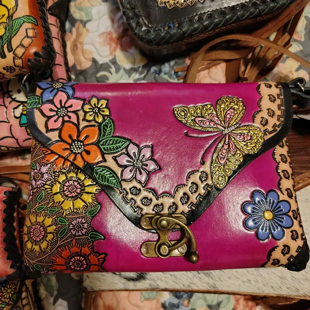 Hand-Painted Natural Leather Bag, Mexican Art Design