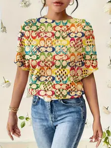 Women's Geometric Colorblock Print Round Neck Sweater, Womenswear Casual Batwing Sleeve Knitwear for Fall Winter, Comfortable Warm Daily Wear Tops