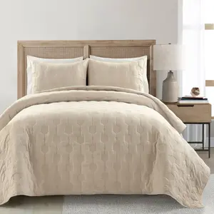 Lush Decor Hexagon Honeycomb Textured Cotton Quilt 3 Piece Set - Soft Breathable Cotton with Embroidered Pattern for Cozy Relaxation -  Bedding for Any Bedroom Style