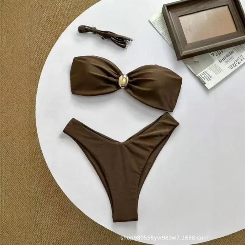New Pure Color Shoulder Bikini Three-point Women's Swimsuit Holiday Vacation Style Fashionable Chinese Brand AE Stock