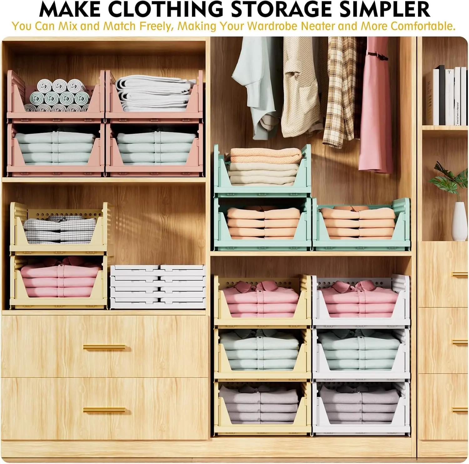 5 Pack Stackable Storage Baskets with Pull-Out Drawers, Foldable Closet Storage Organizer for Clothes, Wardrobe, Bathroom, Kitchen, Laundry Room, Space-Saving Storage Bins, White