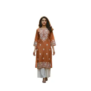 #TOp- 46 Rust Brown Floral Embroidered Kurti/Tunic - 3/4 Sleeves, Side Slits, Autumn Wear