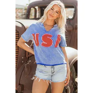 USA Patch Mineral Wash Notch V Neck Vintage Graphic T Shirt