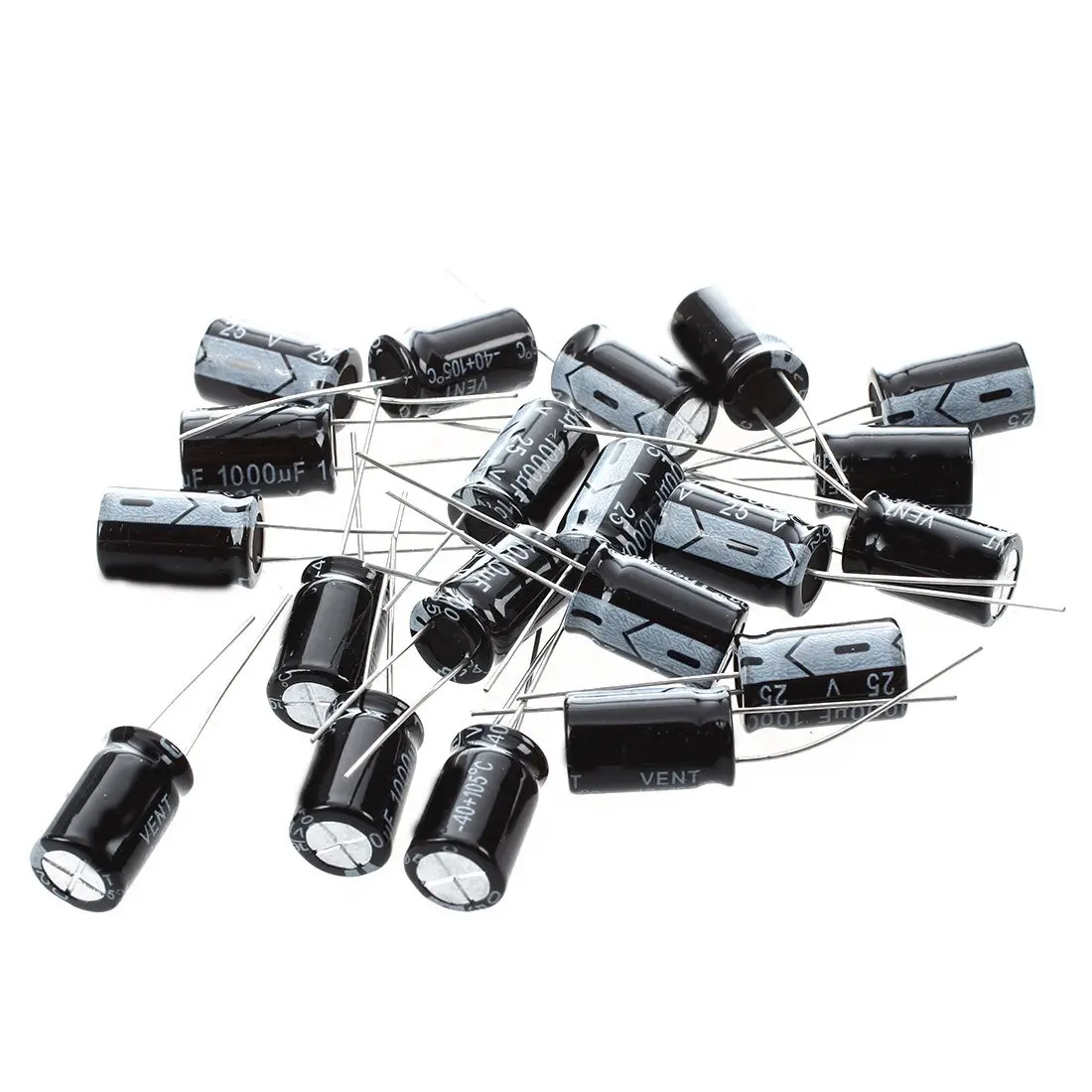 20pcs Polarized Radial Lead Electrolytic Capacitors - 1000uF 25V 105C, Black 10x17mm, Bulk Packaged Soldering Hardware for TV, Computer Motherboard, Standard General Purpose Use