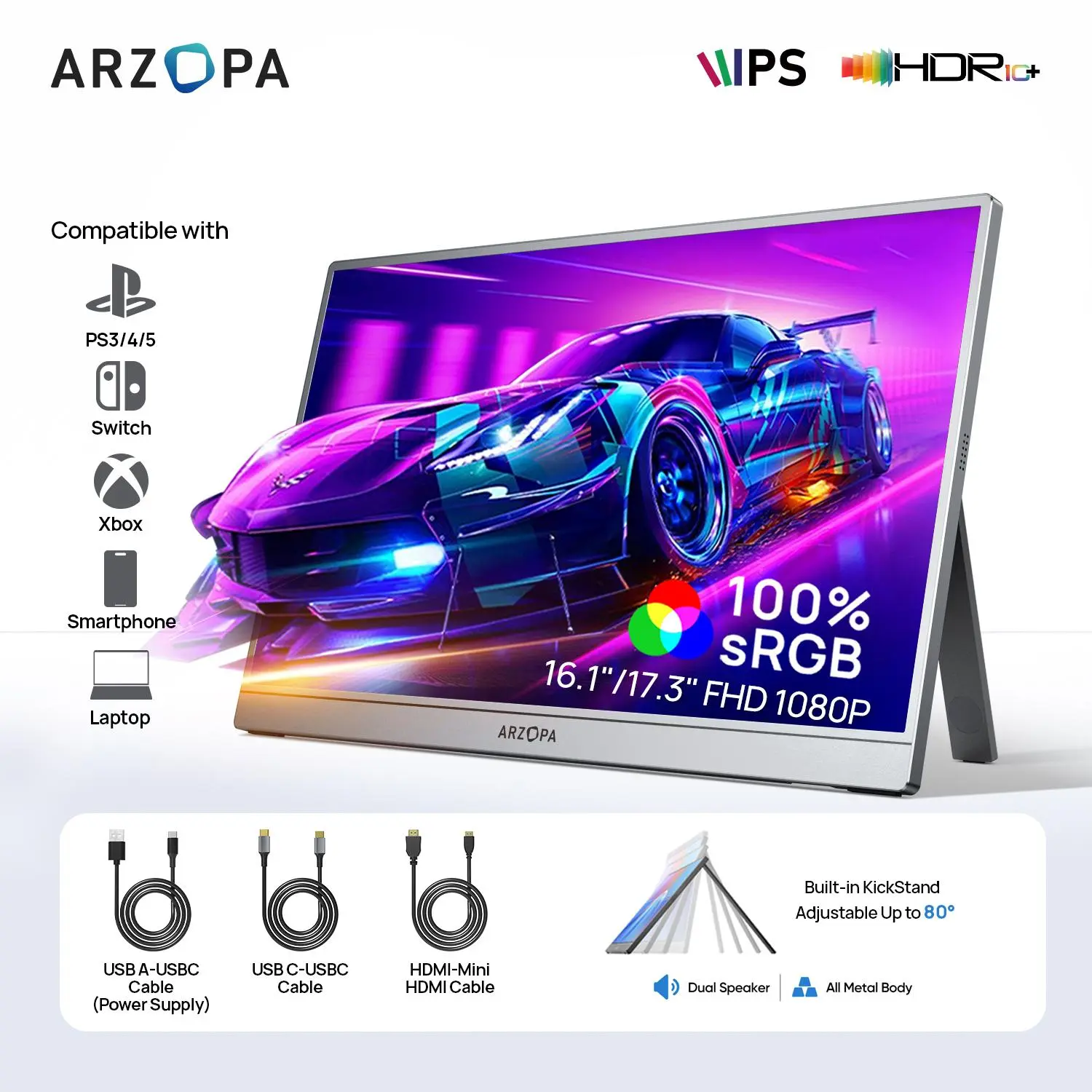 ARZOPA Portable Monitor| 16.1"/17.3" FHD 1080P 60Hz/144Hz| Laptop Screen Extender for PC Mac Xbox Switch PS5 iPhone| IPS Display Computer Display HDR External Screen Game| Workfromhome