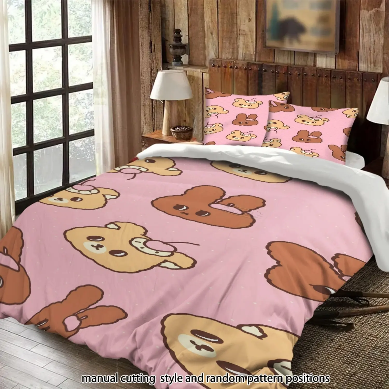 Cartoon bear patterned pink background 3-piece bedding set, suitable as a gift.