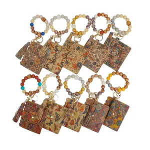 Boho-Chic Vintage Brown Synthetic Leather Card Holder with Keychain & Beaded Bracelet, Floral Pattern Perfect for Everyday Use