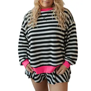 Women's Plus Size Striped Sweatshirt and Shorts Set Casual Two Piece Set