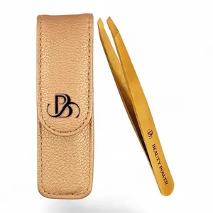 Beauty Power Tweezers: German Stainless Steel, Precision for Eyebrows & Facial Hair - Slant Design, Gift Set in Gold