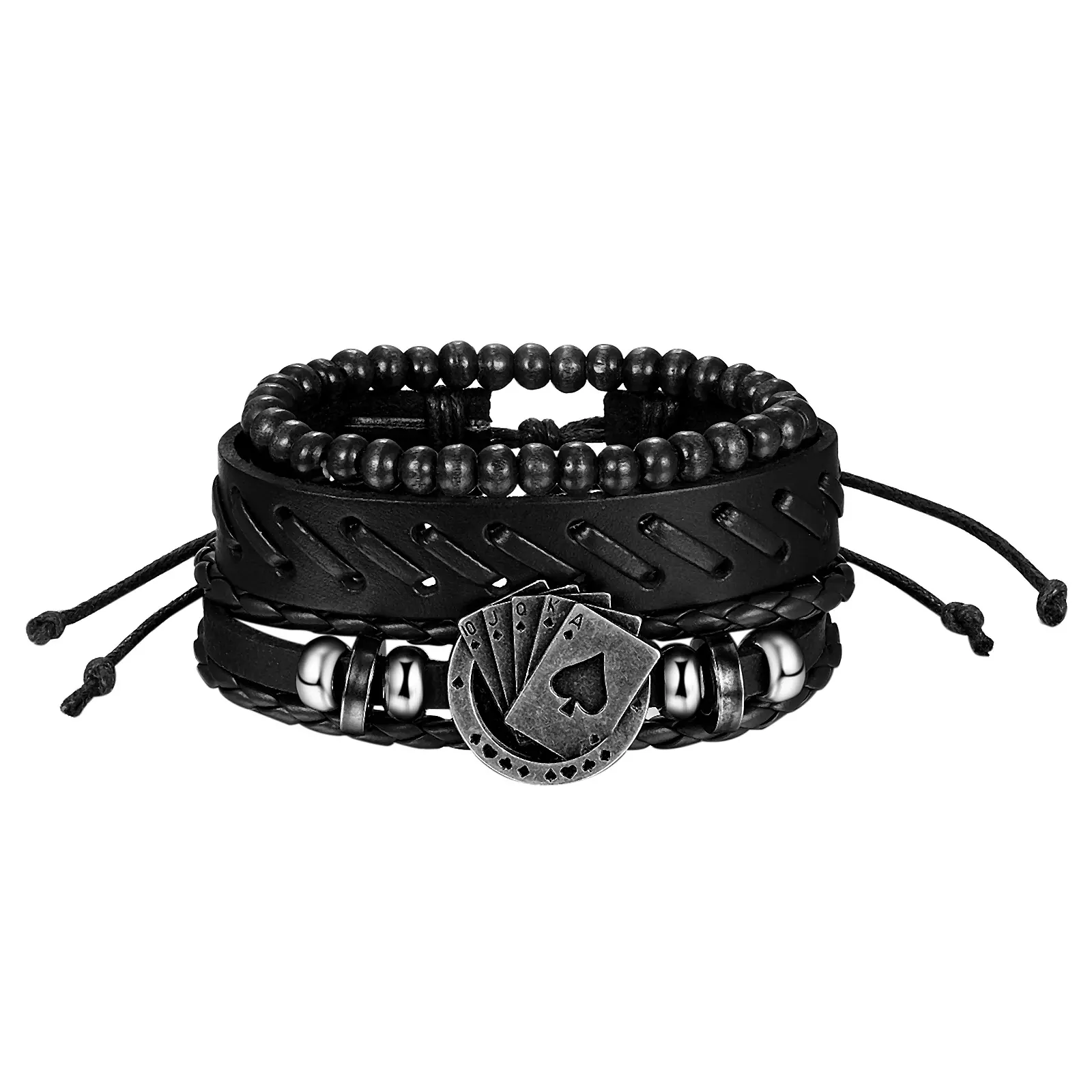 OIDEA Men's Royal Flush Poker Cuff Bangle, Vintage Braided Leather and Wood Beaded Strand Bracelet with Adjustable Drawstring, Bracelets Bangles, Cuff Bangle Bracelet