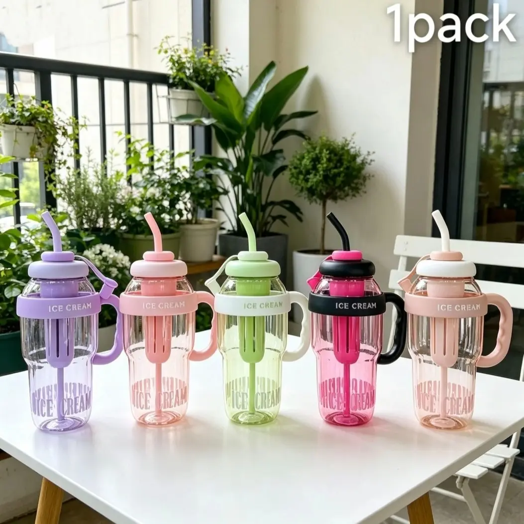 1Pack 1300ML Large Capacity Plastic Water Bottle with Handle & Straw, Leakproof Straw Cup, Leak Proof Reusable Durable Shatterproof PC Wide Mouth Sports Flask, Food Grade BPA Free Portable Drinkware for Water Juice Tea, Fitness Outdoor Travel Daily Use
