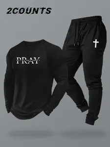 Two-Piece Set Men's Knit printing Long Sleeve Fitted Sporty Round Neck Tshirt & Pants, Casual Comfy Breathable Matching Two-piece Outfits for Spring & Fall, Men's Athletic Sportswear Clothes for Daily Wear