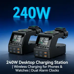 240w Multi-Port USB Charger Station, Digital Display Desktop Charging HUB, PD 140w Type-C Socket, Wireless Fast Charging Adapter