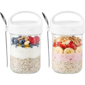 2Pack Overnight Oats Containers with Lids and Handle,14 oz Airtight Oatmeal Container,Jars with Lid for Cereal,Milk,Fruit,Yogurt,On The Go Container,Salad Jars,Jars (White)