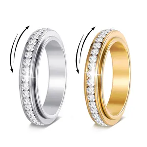 Anxiety Rings for Women and Men Titanium Steel Spinner Fidget Band Rings with Cubic Zirconia for Stress Relief and Wedding Promise Comfort Fit Size 6 to 10