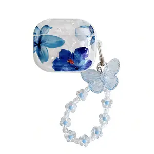 For AirPods 1/2/3/4 Pro/Pro2/Pro3 Cute Blue Butterfly Flower Case with Beaded Bracelet