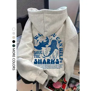 Women’s casual hooded sweatshirt, shark print off-shoulder pullover, loose drawstring pocket design, autumn and winter fashion, fun sweatshirt GARMENTARY