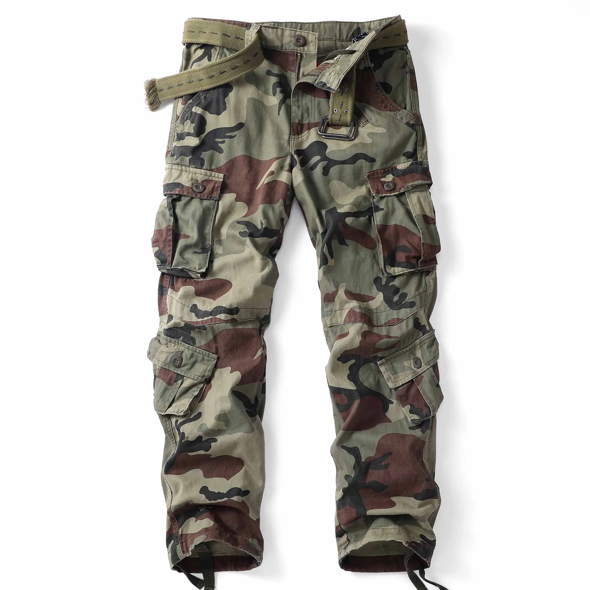 Men's Camouflage Print Cotton Blend Cargo Pants - Multi-Pocket Tactical Military Style with Adjustable Belt, Drawstring for Outdoor, Casual Wear