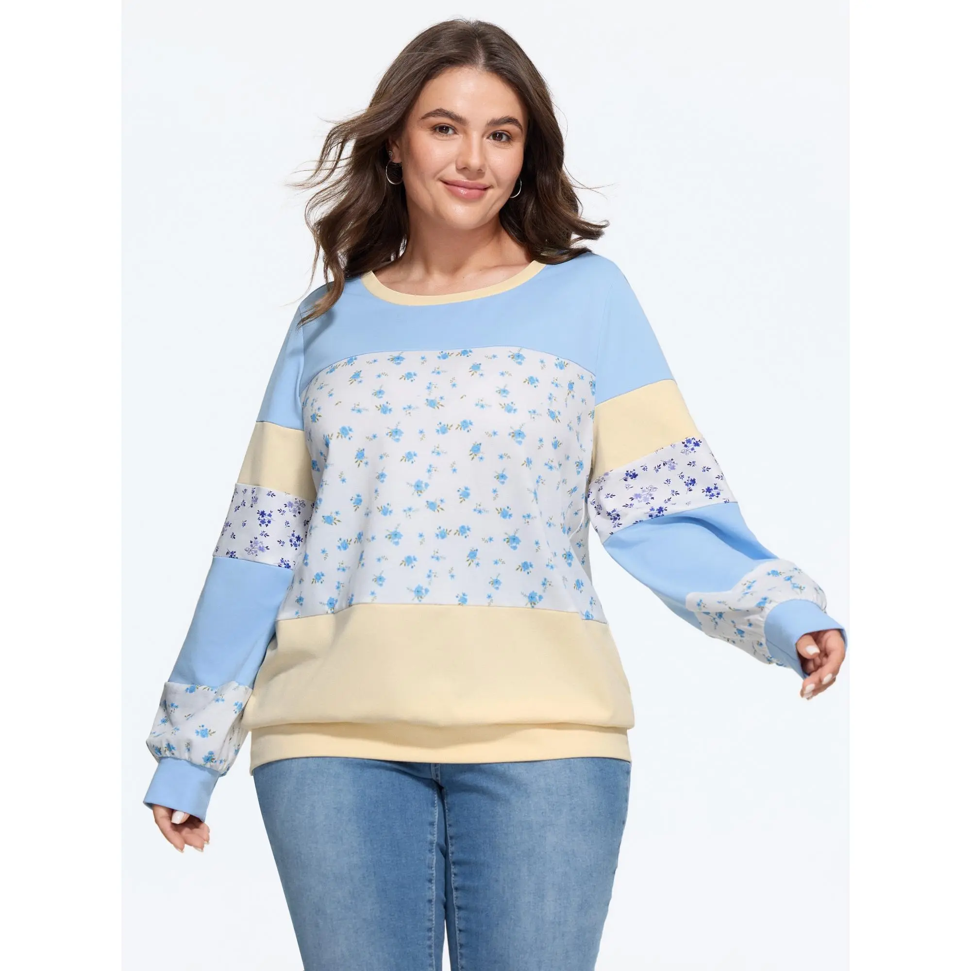 BloomChic Ditsy Floral Patchwork Color Block Sweatshirt 【M-6XL】 BloomChic Ditsy Floral Patchwork Color Block Sweatshirt 【M-6XL】