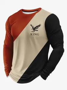 Men's Colorblock King Eagle Logo Long Sleeve T-Shirt, Luxury Style Plaid Patch Design, Fashion Trendy Daily Fitness Commute Top, Casual