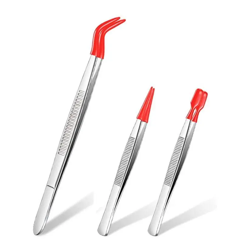 3 Pieces Tweezers with Rubber Tips Tweezers PVC Coated Tweezers Set, Rubber Straight and Flat Tip Tweezers Red