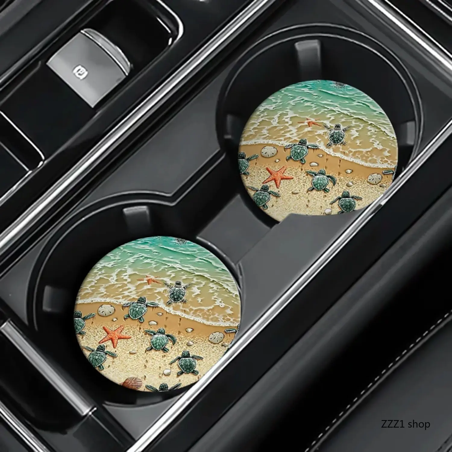 2Pcs Sea Turtle Car Coasters Absorbent Cup Holder Mat Coastal Starfish Automobile Beverage Pad Ocean Beach Vehicle Interior Accessories Gift for Women