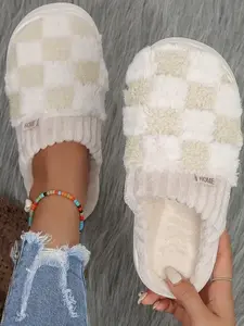 Women's Plain Plaid Pattern Plush Slippers, Plaid Design Slippers, Casual Soft Comfortable Home Slippers, House Slippers, Warm Slippers for Indoor & Outdoor Use for Fall & Winter, Gift for Girl, Fuzzy Warm Slippers, Home Footwear, Cozy Checkered Slipper
