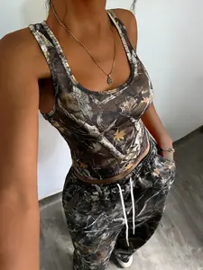 Women's Camo Print Design Sleeveless Crop Top & Vest Set, Casual Fitted Two-Piece, All-Season Fashion, Daily Wear, Plain Pattern